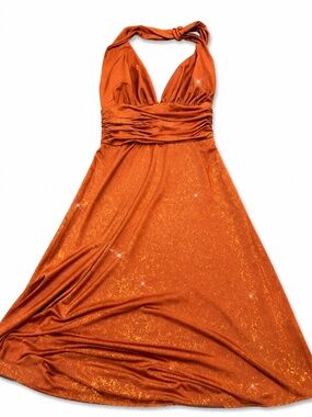 Renée by So Cool Cognac Gold Shimmer Halter Dress | Open Back Glam | Size L